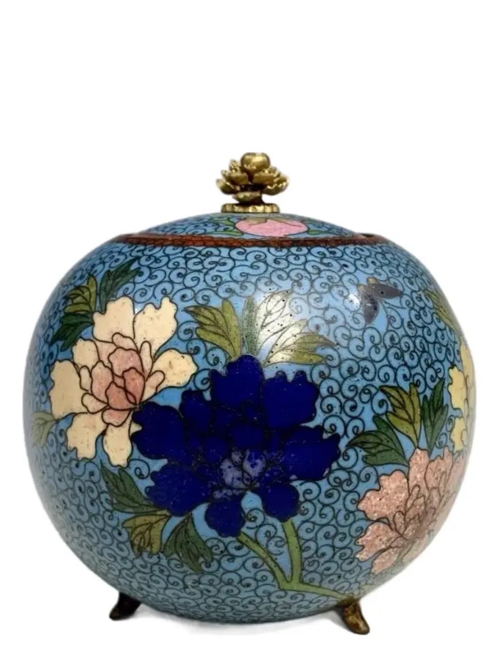 Antique Japanese Cloisonné Footed Ginger Jar With Floral & Butterfly Motif